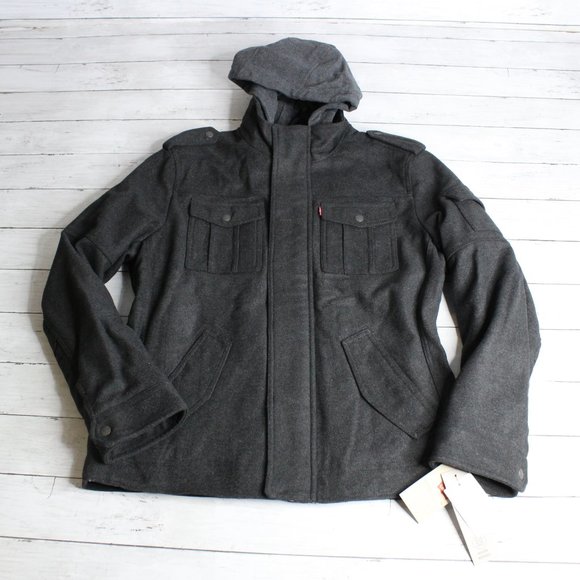 Levi's Men's Wool Military Jacket Size M Charcoal Gray Hooded Quilted - Picture 2 of 7